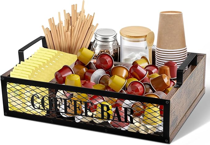 Coffee Station Organizer for Countertop, All in One No Assembly Wood Coffee Creamer Bar Holder with Iron Mesh, Office Tea Bar Accessories Gift for New Home Birthday(Brown,Natural)