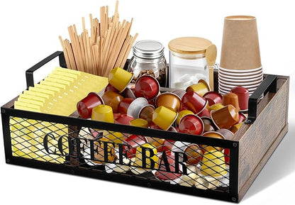 Coffee Station Organizer for Countertop, All in One No Assembly Wood Coffee Creamer Bar Holder with Iron Mesh, Office Tea Bar Accessories Gift for New Home Birthday(Brown,Natural)