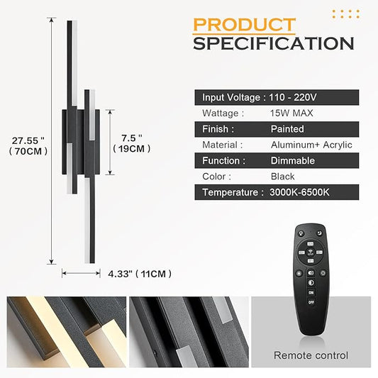 Modern LED Wall Sconce Black Remote Wall Light Fixtures for Bathroom, Dimmable Vanity Light Indoor LED Remote Wall Sconce for Bedside Bedroom Living Dining Room (27.6inch 3000-6500K 1 Pack)