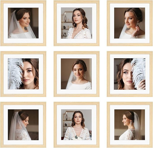10x10 Picture Frame Set of 9, Display Pictures 8x8 with Mat or 10x10 without Mat, Multi Collage Gallery Square Photo Frames for Wall or Tabletop, Natural Wood