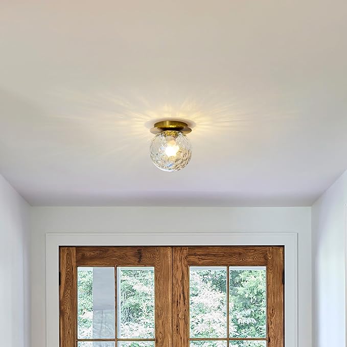Modern Glass Globe Wall Sconce: Gold Spherical Sconces Light with Hammered Stained Glass Shade - Small Brass Vanity Single Ball Lights Fixture - Contemporary Wall Mounted Lamp for Bedroom Living Room