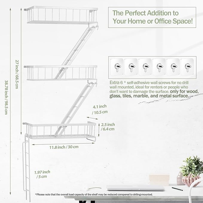 Fire Escape Shelf - 3 Tier White Wall Display Floating Shelves, Metal Decorative Shelving for Bedroom, Home Décor, Action Figure Display