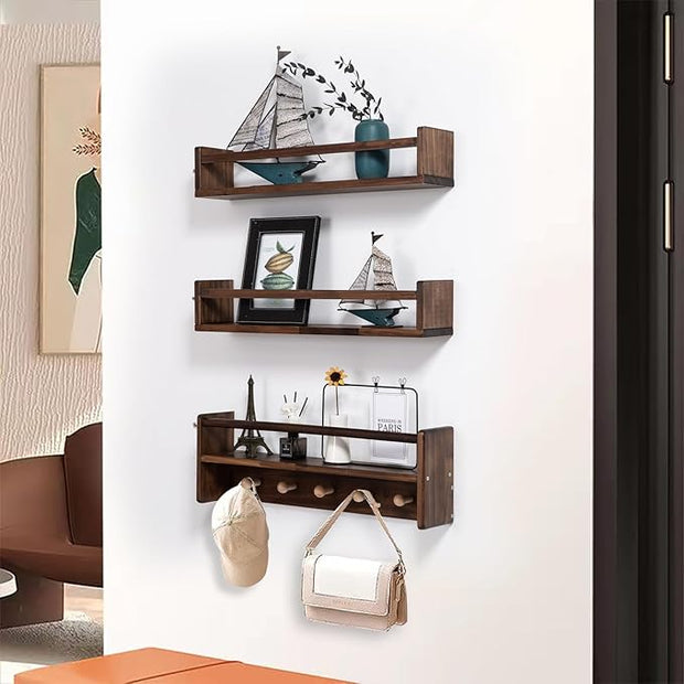 AZSKY 24 Inch Book Shelves for Nursery Floating Bookshelf Wall Mount Deep Walnut Shelves for Room Wall Hooks for Hanging Nursery Shelf for Kids Room Bedroom Bathroom Living Room Kitchen Set of 3