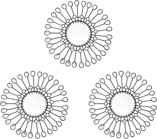 Black Mirrors 3 Piece, Sunburst Mirror Hanging Wall Decor, 9 inch Decorative Mirrors Wall Art, Rhinestone Round Mirror for Bedroom, Valentine, Kitchen, House Warming Valentine Gifts