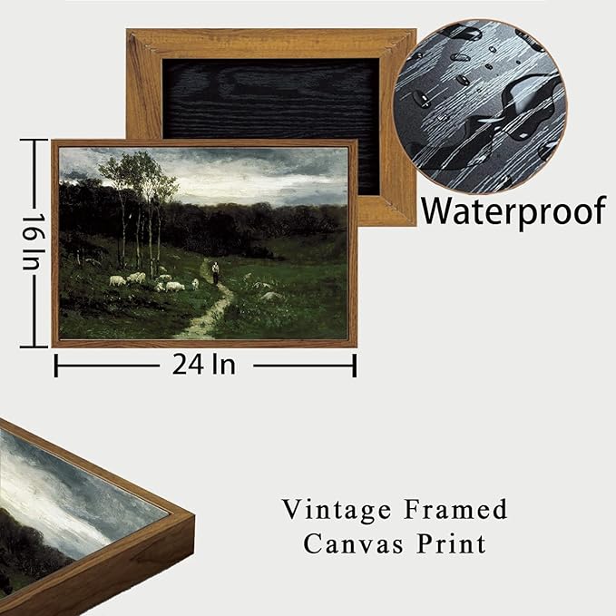 OIQArtOIQ Framed Vintage Landscape Wall Art Shepherd Natural Scenery Oil Painting Canvas Prints Country Farmhouse Aesthetic Decor Pictures for Kitchen Bedroom Living Room Bathroom