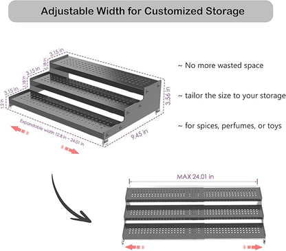 3-Tier Expandable Metal Spice Rack Organizer for Cabinet & Pantry, Adjustable 12.8-24" Heavy Duty Step Shelf for Kitchen Countertop, Spices, Perfumes & Mini Figures, Non-Slip(GREY,2PACK)