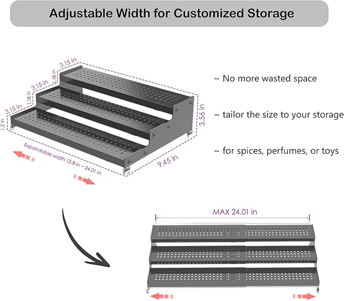 3-Tier Expandable Metal Spice Rack Organizer for Cabinet & Pantry, Adjustable 12.8-24" Heavy Duty Step Shelf for Kitchen Countertop, Spices, Perfumes & Mini Figures, Non-Slip(GREY,1PACK)