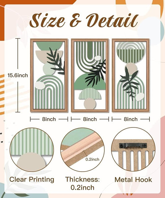 Putuo Decor Boho Wall Art Set of 3, Green Botanical Wooden Wall Decor, Abstract Aesthetic Room Decorations, Mid-Century Modern Artwork for Living Room, Bedroom, Office Green 16.5 x 8.6 inch