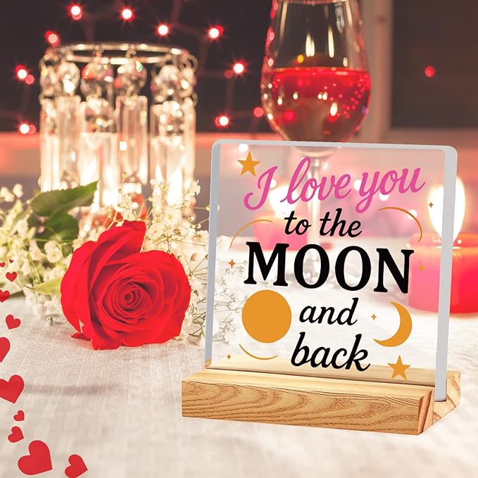 Valentines Desk Decor, Happy Valentine's Day Home Office Table Sign for Porch Tiered Tray Shelf Party, Rustic Romantic Acrylic Gifts Decorations for Him Her Wife,I Love You to The Moon And Back