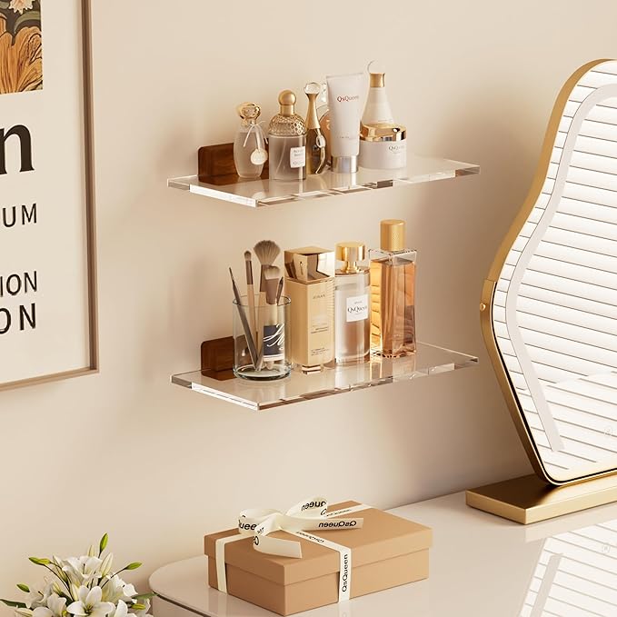 Acrylic Floating Shelves with Solid Wood Base, Wall Mounted Shelf for Plants, Perfume, Nail Polish, Bathroom, Bedroom & Living Room Décor