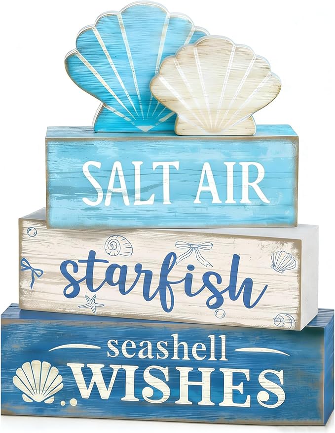 4 Pcs Coastal Summer Beach Tiered Tray Decor Rustic Wooden Nautical Centerpiece Set with Shell Starfish Farmhouse Style Beach Room Decor Summer Tiered Tray Decor
