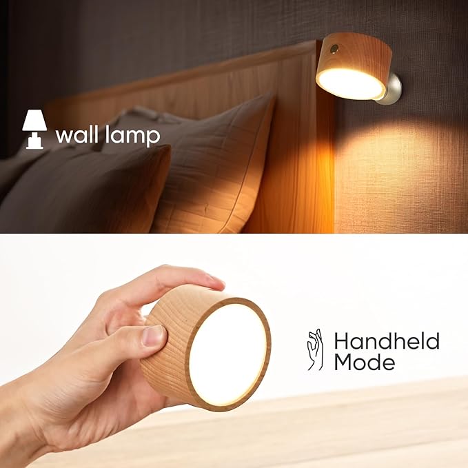 Rechargeable Wall Lights Battery Operated, Battery Wall Sconces Set of Two for Bedroom, Wood Lights of Sweden Wall Lamps, 360° Rotation Dimmable Brightness Wireless Wall Sconce with Touch Control