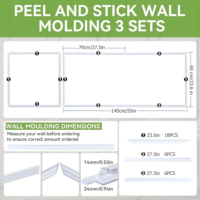 Peel and Stick Wall Molding Panels for Interior Wall Decor, 3D Accent Wall Panels, Ready-to-Assemble Wainscoting Panels for Home Bedroom Living Room