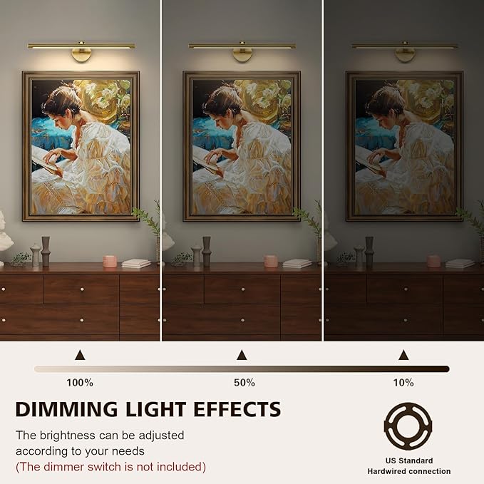 Picture Light Dimmable Hard Wired 23.62 Inch Adjustable Swing Arm Brass Wall Lights for Pictures Led Display Light for Artwork 14W Warm White