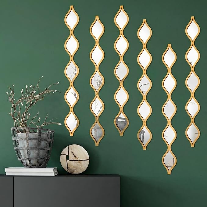 Yulejo 6 Pcs Acrylic Teardrop Mirror Decor - Narrow Wall Decor Boho Vintage Wall Art for Apartment Home Living Room Bathroom Bedroom Hallway (Gold Edge)