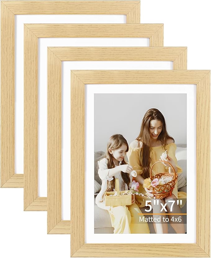 ATOBART 5x7 Picture Frame Set of 4, Displays 4x6 with Mat or 5x7 Without Mat, Photo Frames for Wall Hanging or Tabletop, Includes HD Plexiglass, Natural Wood Grain