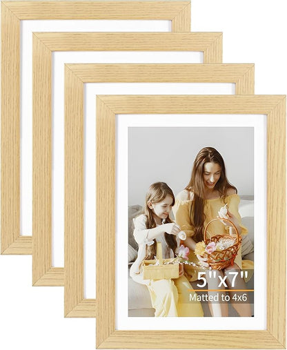 ATOBART 5x7 Picture Frame Set of 4, Displays 4x6 with Mat or 5x7 Without Mat, Photo Frames for Wall Hanging or Tabletop, Includes HD Plexiglass, Natural Wood Grain