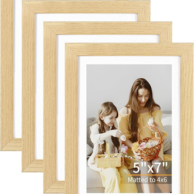 ATOBART 5x7 Picture Frame Set of 4, Displays 4x6 with Mat or 5x7 Without Mat, Photo Frames for Wall Hanging or Tabletop, Includes HD Plexiglass, Natural Wood Grain