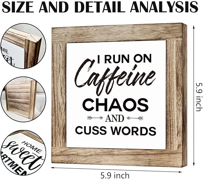 Modern Farmhouse Coffee Decor, White & Brown Wooden Box Sign, 5.9x5.9x0.7 Inch, I Run On Caffeine Chaos And Cuss Words