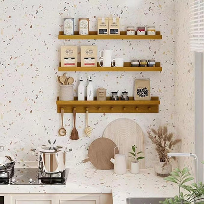 MBYD Floating Shelves 36 Inch, Nursery Book Shelves for Kids Room, Hanging Bookshelf with Hooks Set of 3, Light Walnut Wood Picture Ldge Shelving, Kitchen Wall Shelf Spice Rack for Bedroom Bathroom