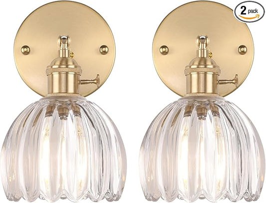 Vintage Wall Sconces Set of 2 with Transparent Tulip Glass Lampshade 180 Degree Adjustable Brass Sconces Hradwired Modern Wall Lighting Fixture with Switch for Bedside Bedroom Doorway