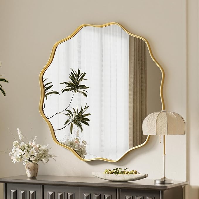 VooBang Gold Scalloped Circle Mirror, 24" Wavy Edge Round Wall Mirror with Tempered Glass Textured Circular Metal Deep Frame, Hanging Leaning for Bathroom, Hallway, Entryway, Livng Room