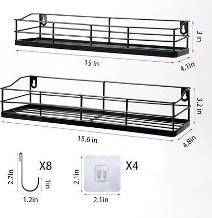 Lyeasw Black Floating Shelves Wall Mounted with 8 Removable Hanging Hooks, 15-Inch Adhesive Shower Shelf Organizer for Bathroom Kitchen Storage Rack, Set of 2