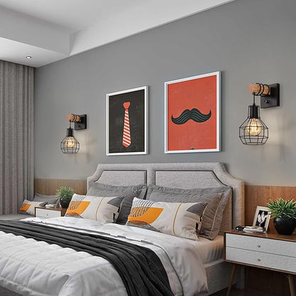 Set of 2 Industrial Wall Sconces with Dimmer ON/Off Switch, Farmhouse Wall Mount Light with Metal Cage Shade, Black Wall Lights Indoor for Kitchen Living Room