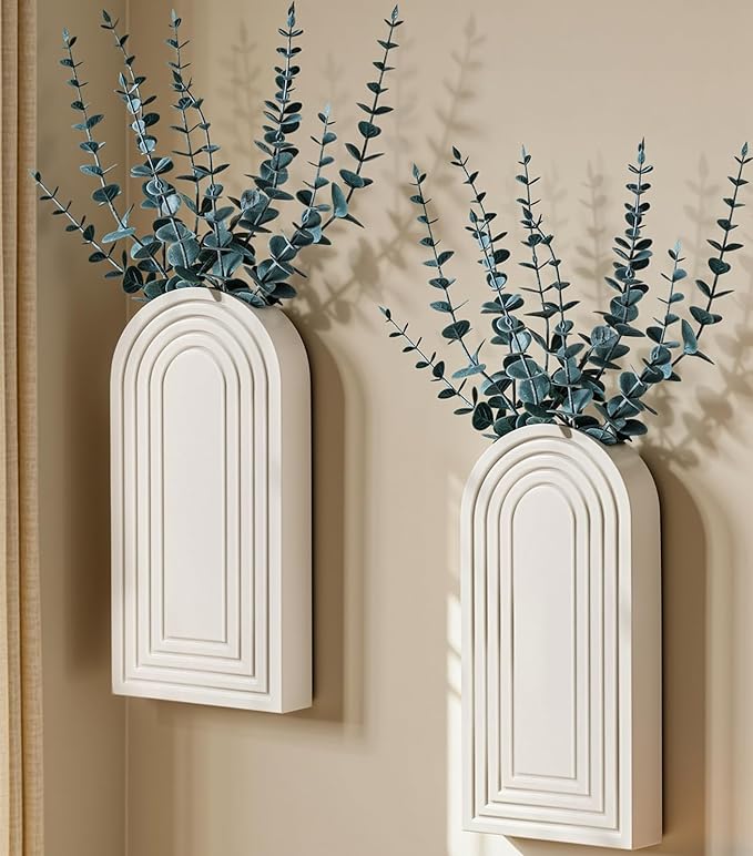 DREAMLOOM 2 Pack Wooden Wall Vases with Eucalyptus Artificial Plants, Wall Hanging Planters Boho Modern Farmhouse Indoor for Narrow Spaces Entryway Bathroom Home Office Decoration, White
