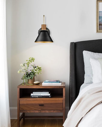 Black Wall Sconce, HWH Industrial Indoor Sconce Light Fixture, Single Wall Vanity Light Black Barn Wall Lamp with Hammered Metal Shade, Black and Gold Finish, 5HZG74B BK+BG