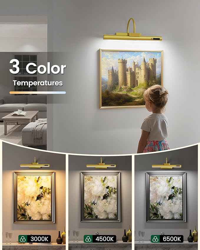 Bridika Picture Light Battery Operated, 13.8in Picture Lights for Wall, 3 Colors & Brightness Dimmable, Rechargeable Art Light for Paintings Photo Dartboard Gallery Bedroom Bathroom Gold