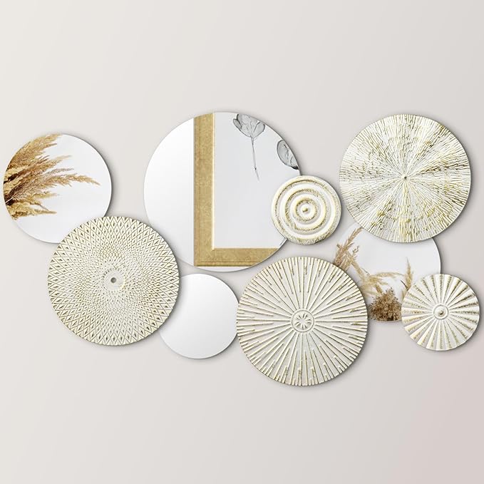 Blulu 9 Pcs White Gold Mirror Wall Decor Metal Round Home Art Decor Decorative Modern Circle Mirror Wall Art Sculpture Hanging Decorations for Home Living Room Office