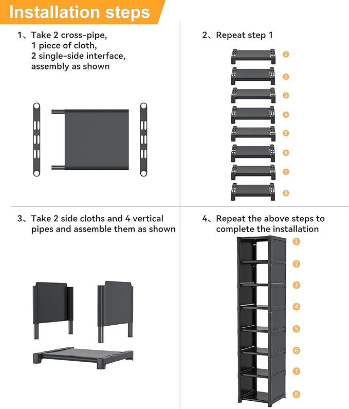 Narrow Shoe Rack 8 Tier, Slim Vertical Shoe Organizer for Small Spaces, Stackable Shoe Storage Shelf with Metal Frame & Fabric Shelves, Shoe Rack for Closet Entryway Bedroom