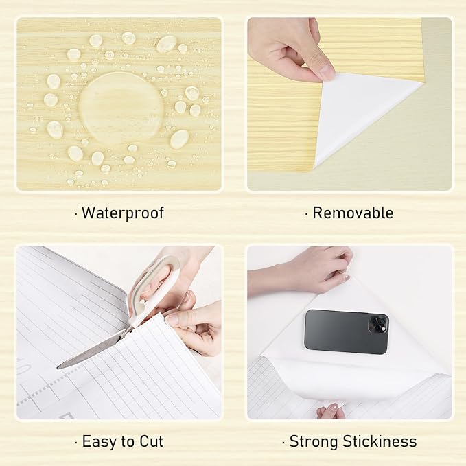 Wallercity Light Yellow Wood Grain Contact Paper for Kitchen Countertop Natural Maple Wood Wallpaper Peel and Stick Countertops Self Adhesive Wallpapers for Cabinets Drawers Shelf Liner 15.8''x78.7''