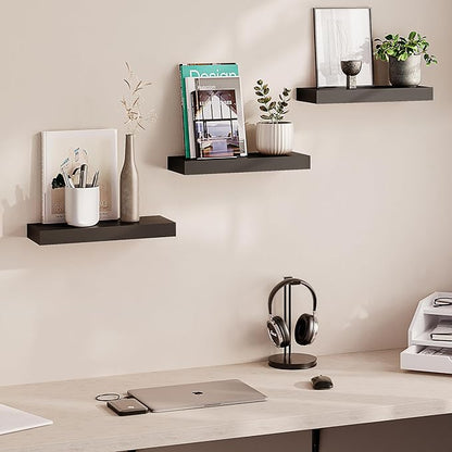 Ballucci Floating Shelves, 16" Wood Wall Shelf Set of 3, Invisible Brackets Floating Shelf for Wall Decor Living Room, Bathroom, Bedroom, Kitchen, 6" Depth, Black