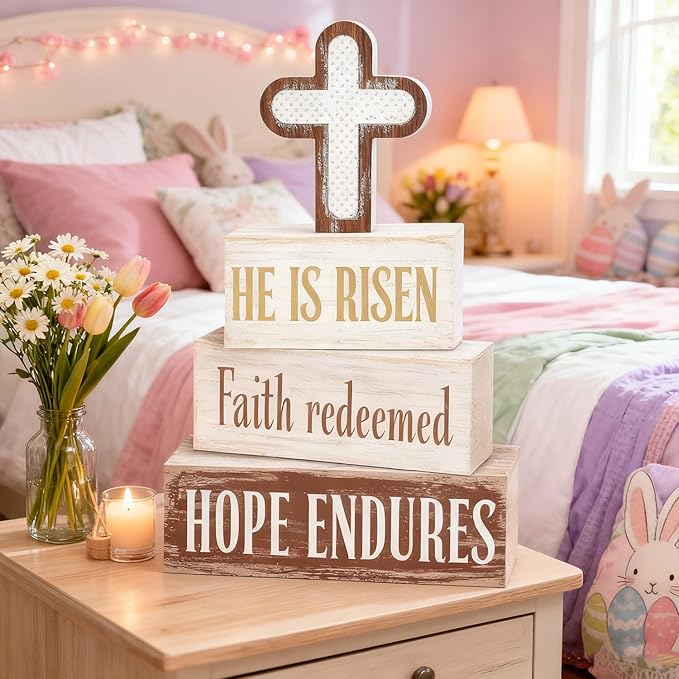 Easter Decorations - He Is Risen Cross Tiered Tray Decor - Faith Redeemed Religious Wooden Tabletop Sign - Farmhouse Easter Christian Home Decor Indoor - Spring Home Decor for Living Room, Kitchen Counter, Seasonal Farmhouse Display