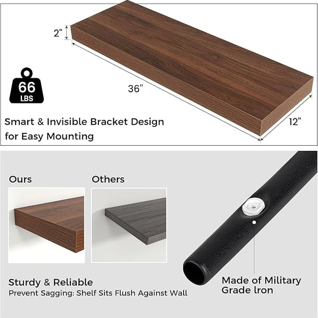 Floating Shelves for Wall, 36 Inch Wide x 12 Inch Deep Floating Shelves, Long Wood Floating Wall Shelf Shelves for Living Room Bathroom Bedroom Kitchen Home - (Walnut, 36" W x 12" D x 2" H)