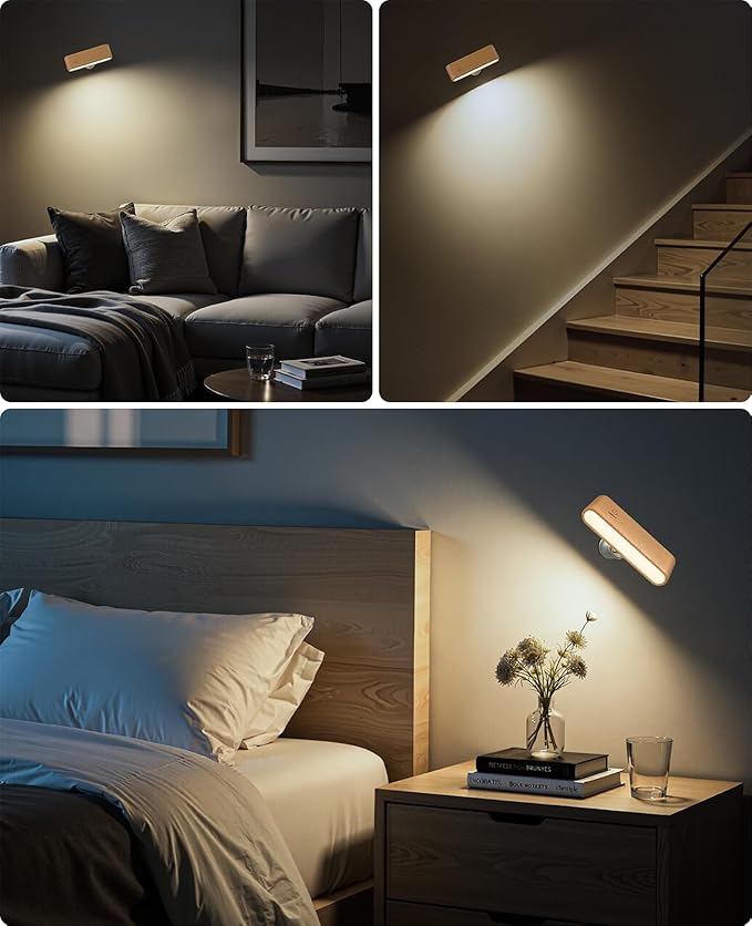 Wood LED Wall Sconce, Magnetic 360° Rotatable Wall Mounted Night Light & Reading Light, Small Rechargeable Battery Powered Bedside Wall Lamp for Bedroom, Living Room, Beech Wood