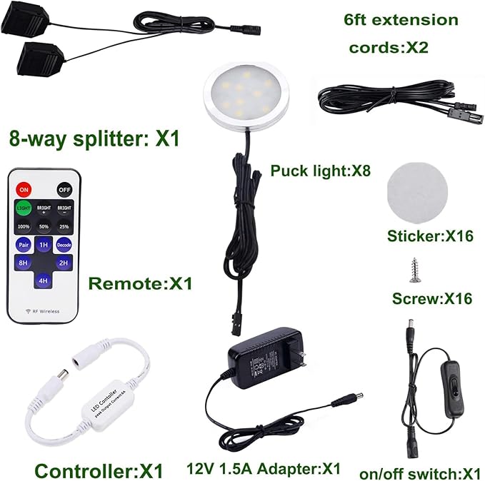 AIBOO Kitchen Under Cabinet Lighting LED 12Vdc 8 Pack Black Cord Aluminum Puck Lights for Counter Closet Furniture Shelf Lighting Dimmable with RF Wireless Remote Control(6000K Daylight White)