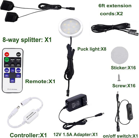 AIBOO Kitchen Under Cabinet Lighting LED 12Vdc 8 Pack Black Cord Aluminum Puck Lights for Counter Closet Furniture Shelf Lighting Dimmable with RF Wireless Remote Control(2700K Warm White)