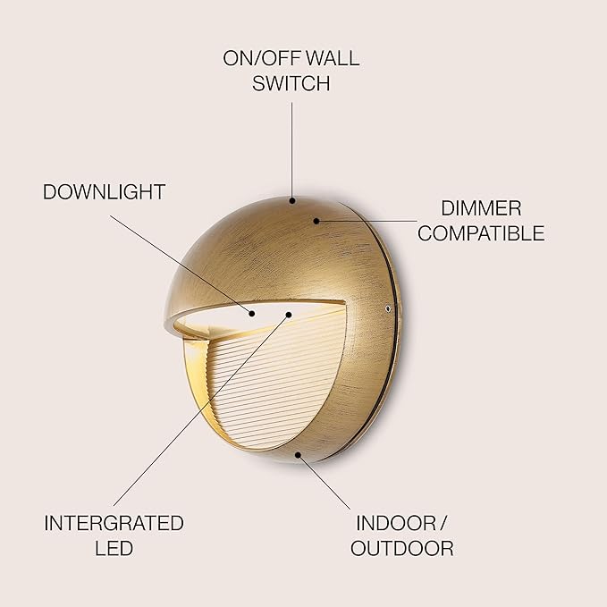 JONATHAN Y 6.25" Antique Gold Modern Round Outdoor Integrated LED Wall Sconce Light, Metal/Glass Waterproof Exterior Downlight for Porch, Patio, and Entryway, ETL Listed (JYL7441B)