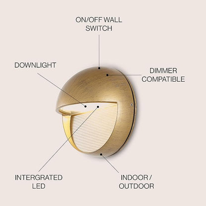 JONATHAN Y 6.25" Antique Gold Modern Round Outdoor Integrated LED Wall Sconce Light, Metal/Glass Waterproof Exterior Downlight for Porch, Patio, and Entryway, ETL Listed (JYL7441B)