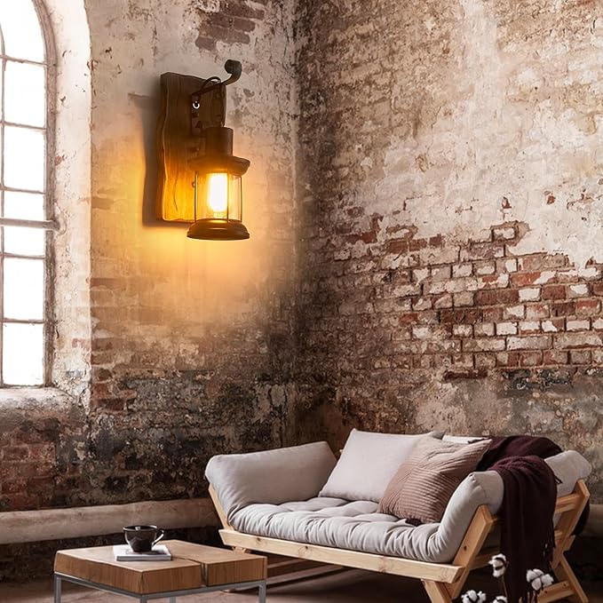 Vintage Industrial Wall Sconce, Rustic Light Fixtures Wood Metal Farmhouse Indoor Black Wall Sconce Fixture for Dining Room, Hallway, Hotel, bar, Porch Corridor Decorate