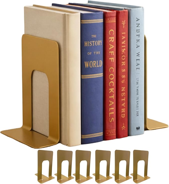 Alessk 6 Pieces Dark Matte Gold Bookends for Shelves, Heavy Duty Metal Bookends Supports Heavy Books, Decorative Gold Stops for Home or Office Decoration - 3 Pairs.