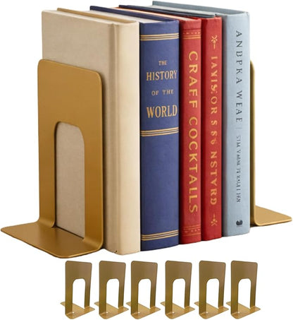 Alessk 6 Pieces Dark Matte Gold Bookends for Shelves, Heavy Duty Metal Bookends Supports Heavy Books, Decorative Gold Stops for Home or Office Decoration - 3 Pairs.