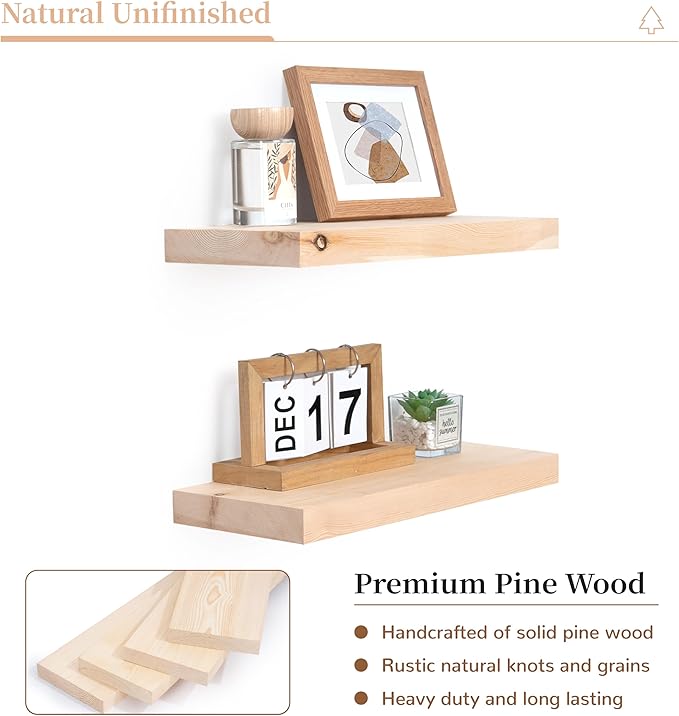 Marsmiles Natural Wood Floating Shelves | Unfinished Wood Wall Shelves Set of 2 | 16