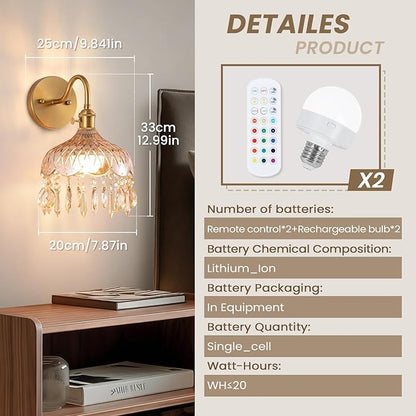 Vintage Battery Operated Set of Two,Wireless Wall Sconces Dimmable Rechargeable Battery, 12 Colors RGB Lamp with Remote for Dining Room Hallway Living Room