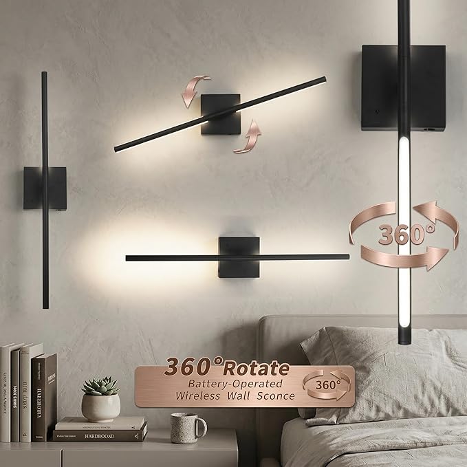Battery Operated wall Sconce Set of 2 Rechargeable Wireless Cordless 12000ma 360° Rotation Large wall Lights lamp Modern Decor Linear Long Metal Black 28