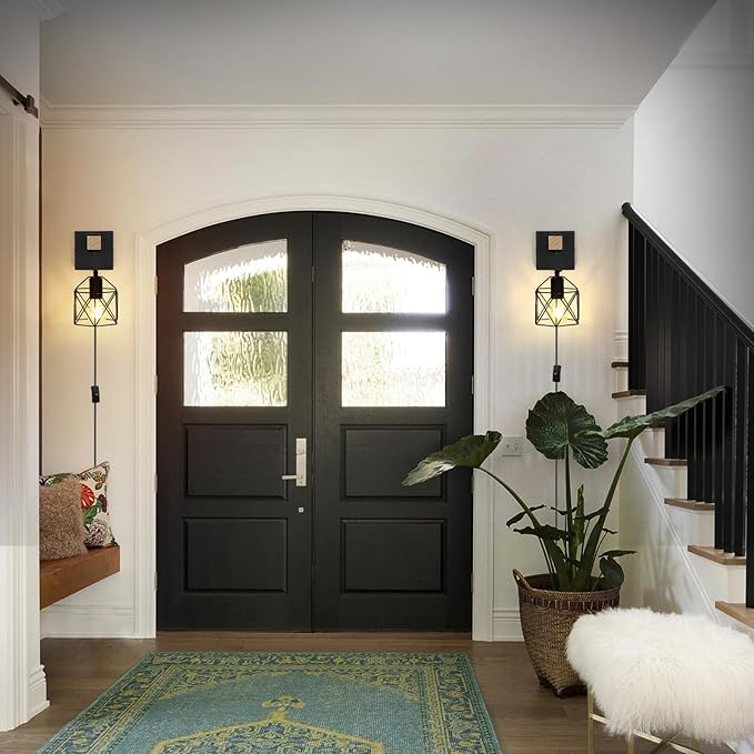 Lightess Plug in Wall Sconces Set of 2 with On/Off Switch, Industrial Wall Lights Metal Cage Lampshade, Black Farmhouse Wall Mounted Lamp for Bedroom Living Room