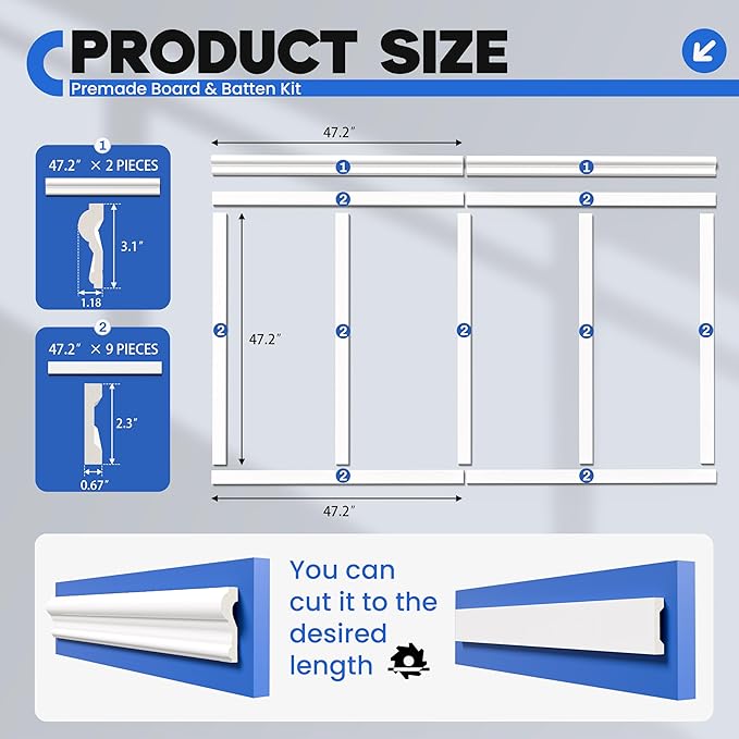 Peel and Stick Wall Molding Kit, Accent Wall Panels for Interior Wall Decor with Double-Sided Tape, Board and Batten Pre-Cut PS Wainscoting Panels (94 * 55 in)